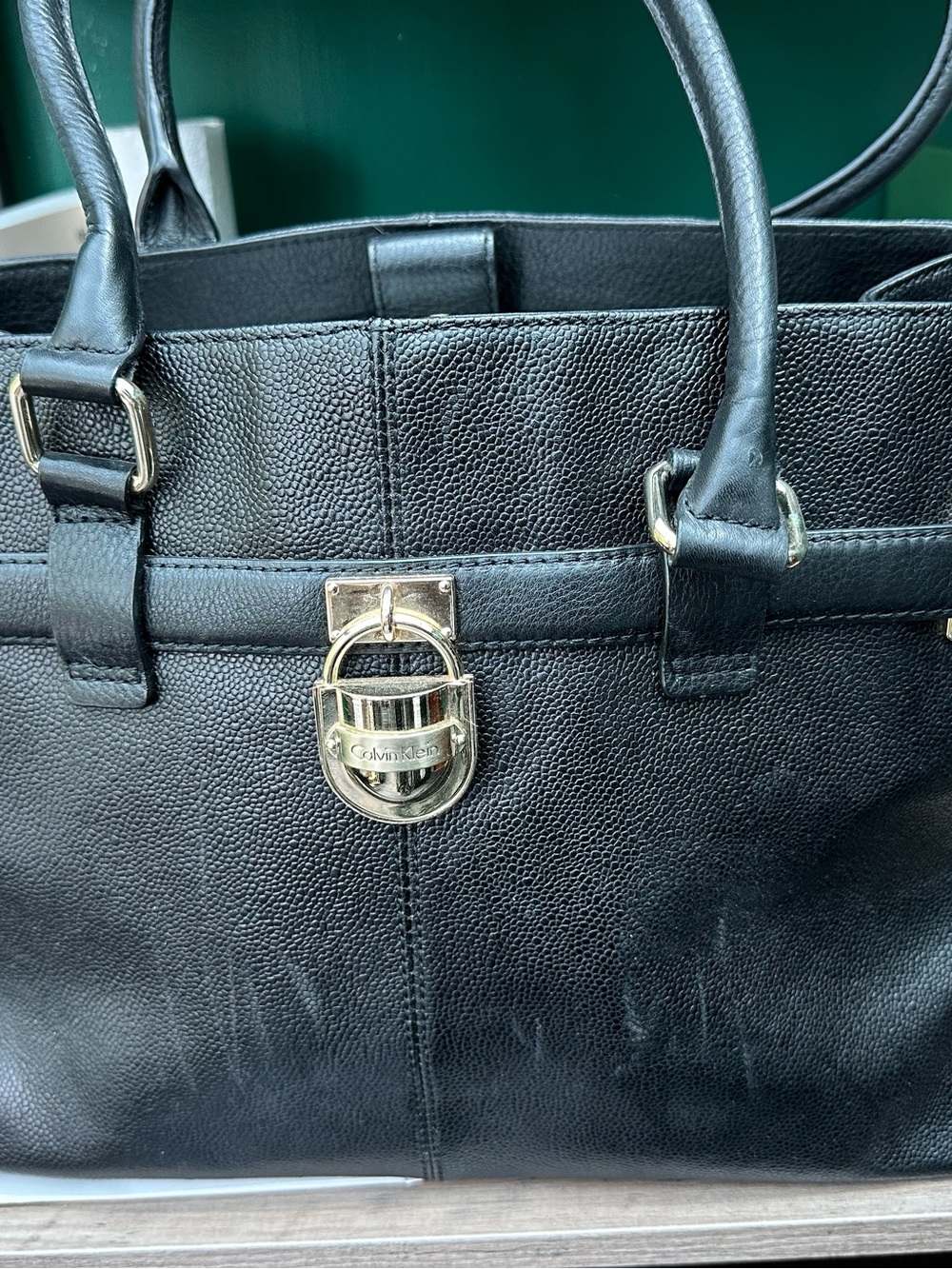Calvin Klein Black Leather Tote with Gold Accent Lock